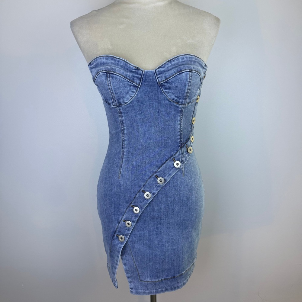 Kittenish Womens Blue Denim Strapless Bustier Button Front Mini Dress Sz Small